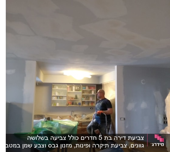 אדם עומד על סולם בחדר צבוע חלקית